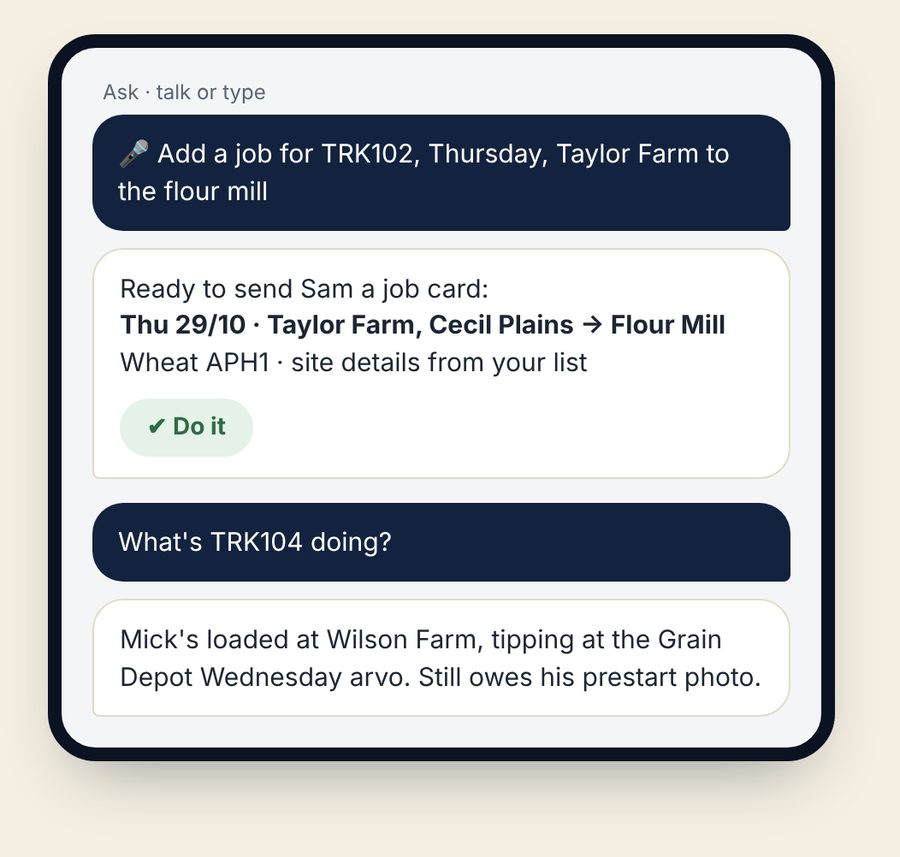 The Ask assistant adding a job card by voice and answering what a truck is doing