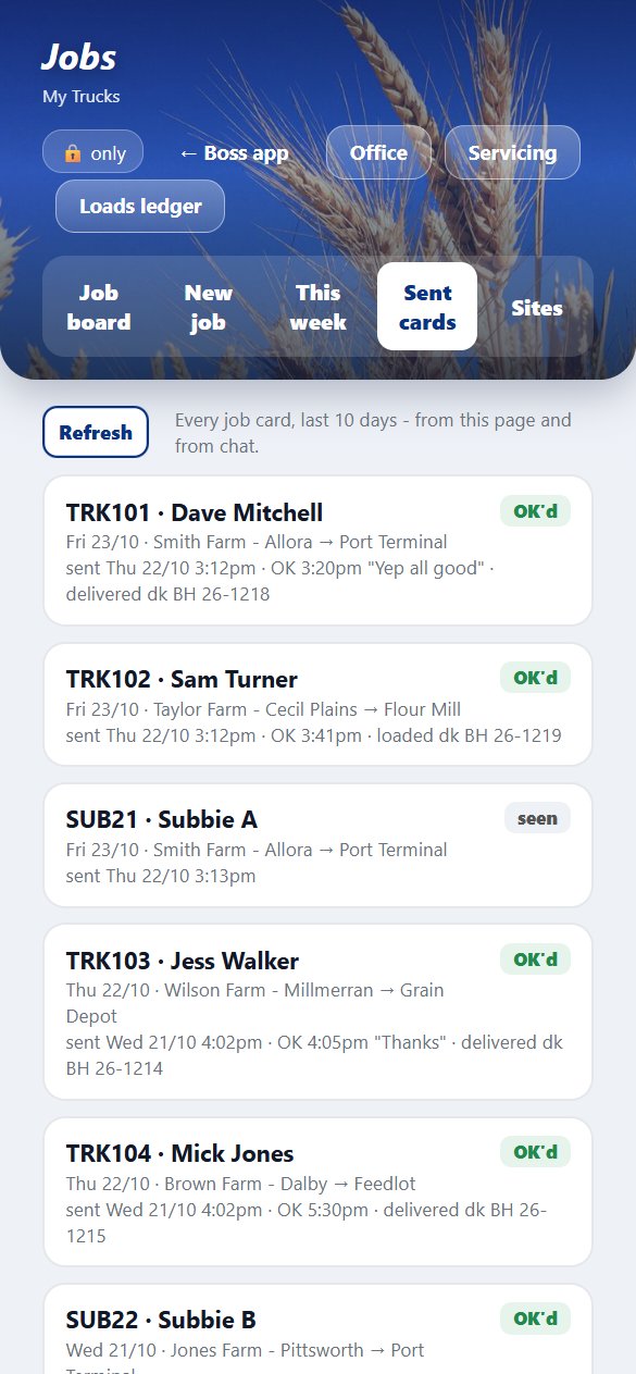 Jobs page on the phone: every job card texted to drivers, when they OK'd it, their reply and the docket that came back