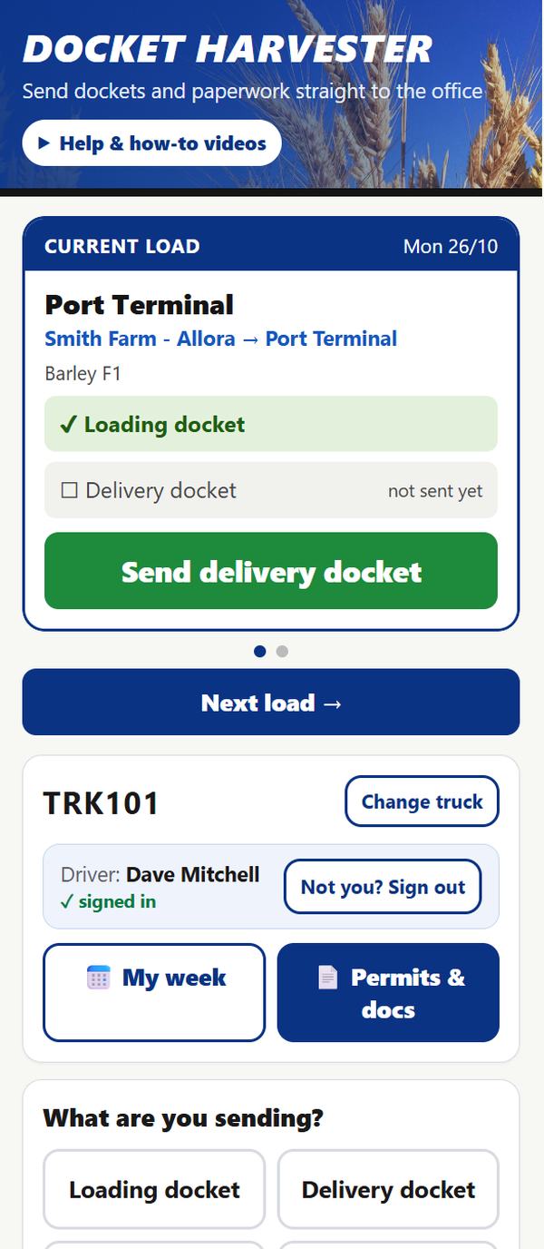 Harvester driver app: the current load with docket ticks and a send button