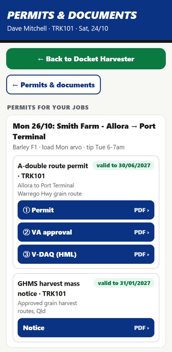 The Harvester driver app permits screen showing the suggested permits for each of the driver's jobs